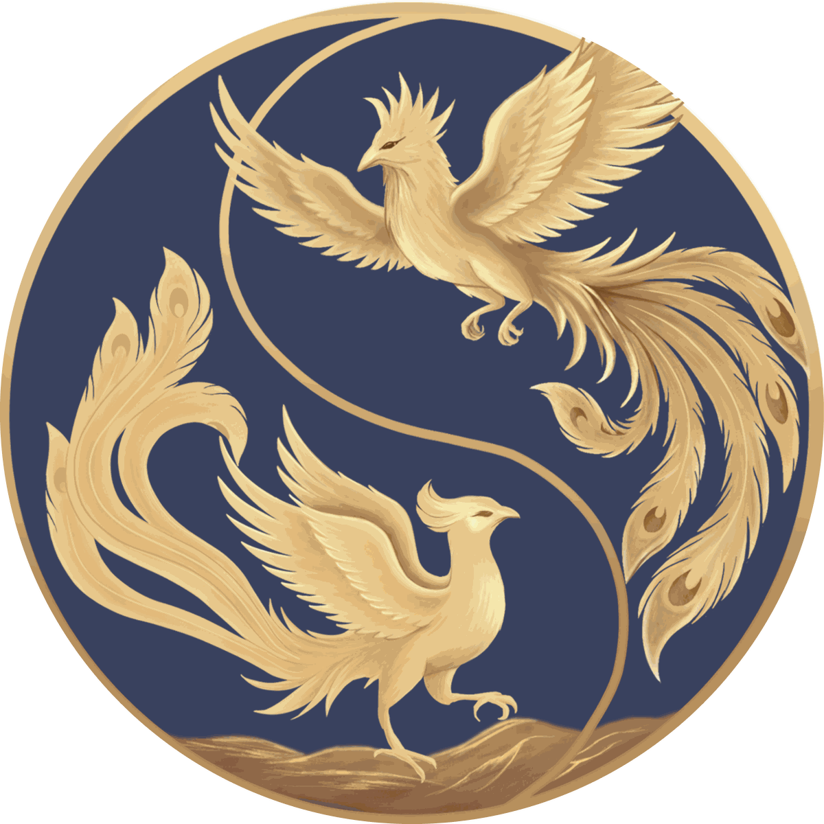 Dos fénix dorados enlazados en forma de yin y yang, rodeados de un halo de luz. Ilustración de tapa de Dai Giovannini.