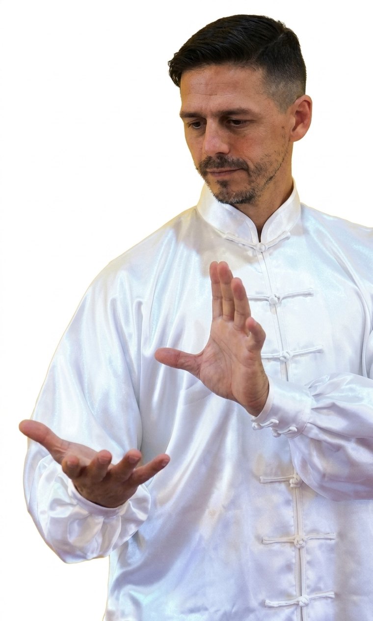 Sifu, de uniforme blanco, con la palma en alto en una postura de Tai Chi.